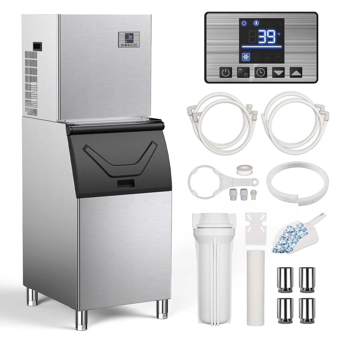 QAUSOU Commercial Ice Maker Machine Large Capacity 360 LBS 600 LBS/24H with Self Cleaning Function