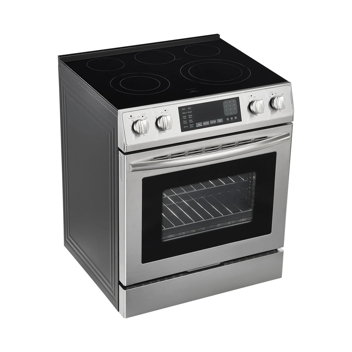 KFFKFF 30-Inch Electric Range Oven, 4.8 Cu. Ft. Freestanding Stainless Steel Stove, Features 5 Burners, Timer, Self-Cleaning, Air Fry Function, Adjustable Racks, and Storage Drawer, Silver