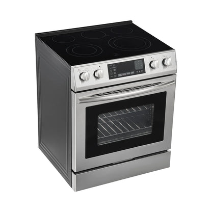 KFFKFF 30-Inch Electric Range Oven, 4.8 Cu. Ft. Freestanding Stainless Steel Stove, Features 5 Burners, Timer, Self-Cleaning, Air Fry Function, Adjustable Racks, and Storage Drawer, Silver