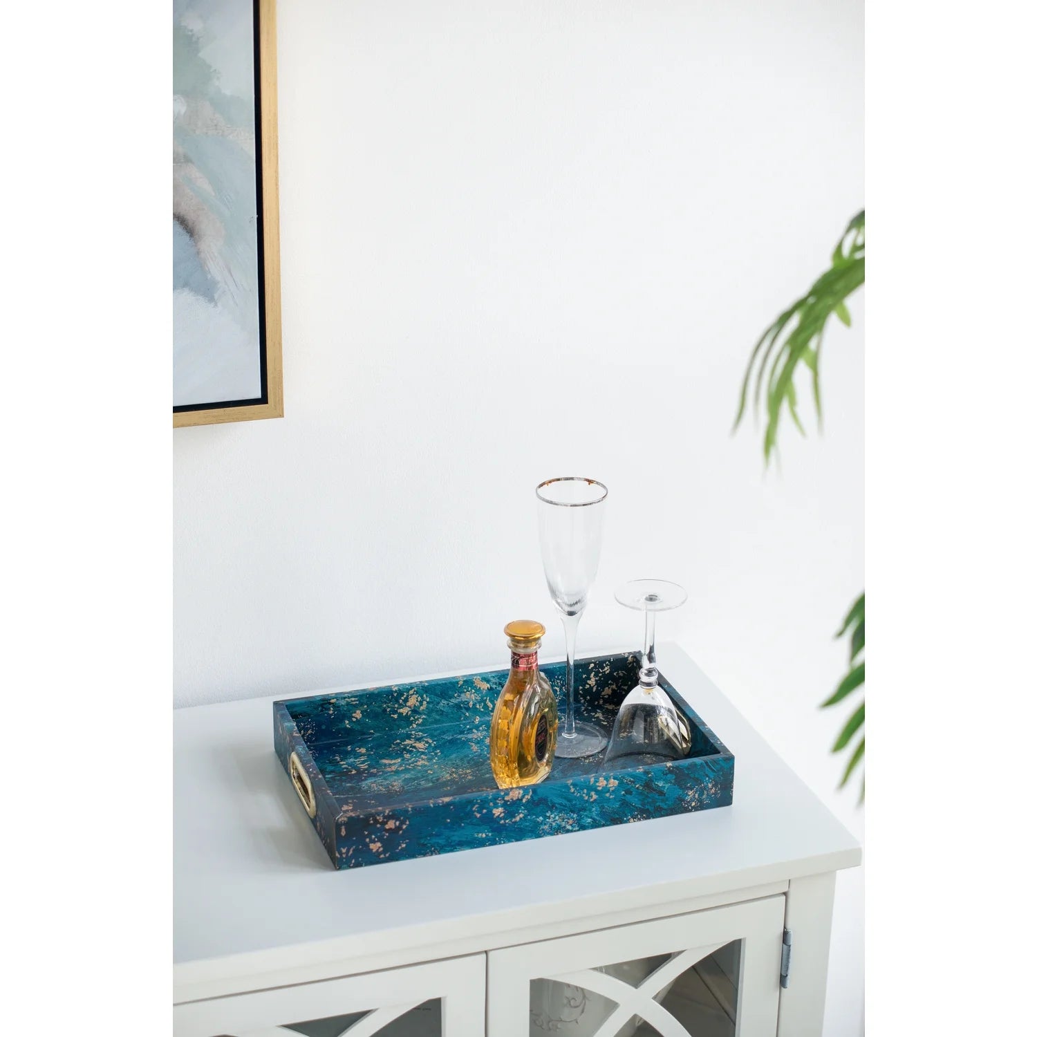 A&B Home Decorative Tray with Handles - Modern Minimalist Style Faux Leather Set of 2 Perfume Tray for Ottoman Couch Centerpiece Table D??cor, Blue