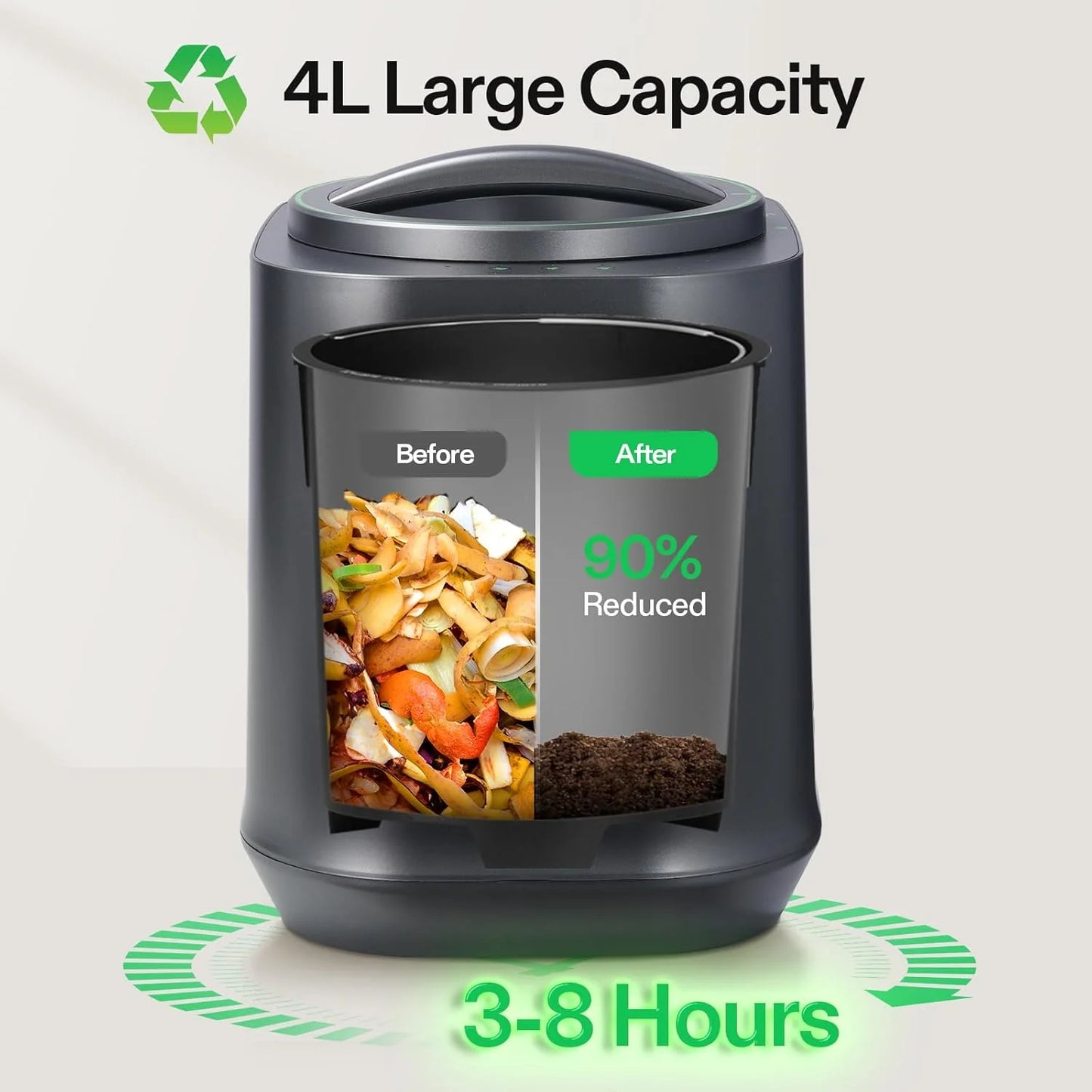 VIVOSUN 4L Electric Composter for Kitchen Indoor, Smart Compost Machine for Countertop, Odorless/Auto-Cleaning/3 Modes/Intelligent LED Display, Mill Composter Kitchen Bin Food Recycler, Black