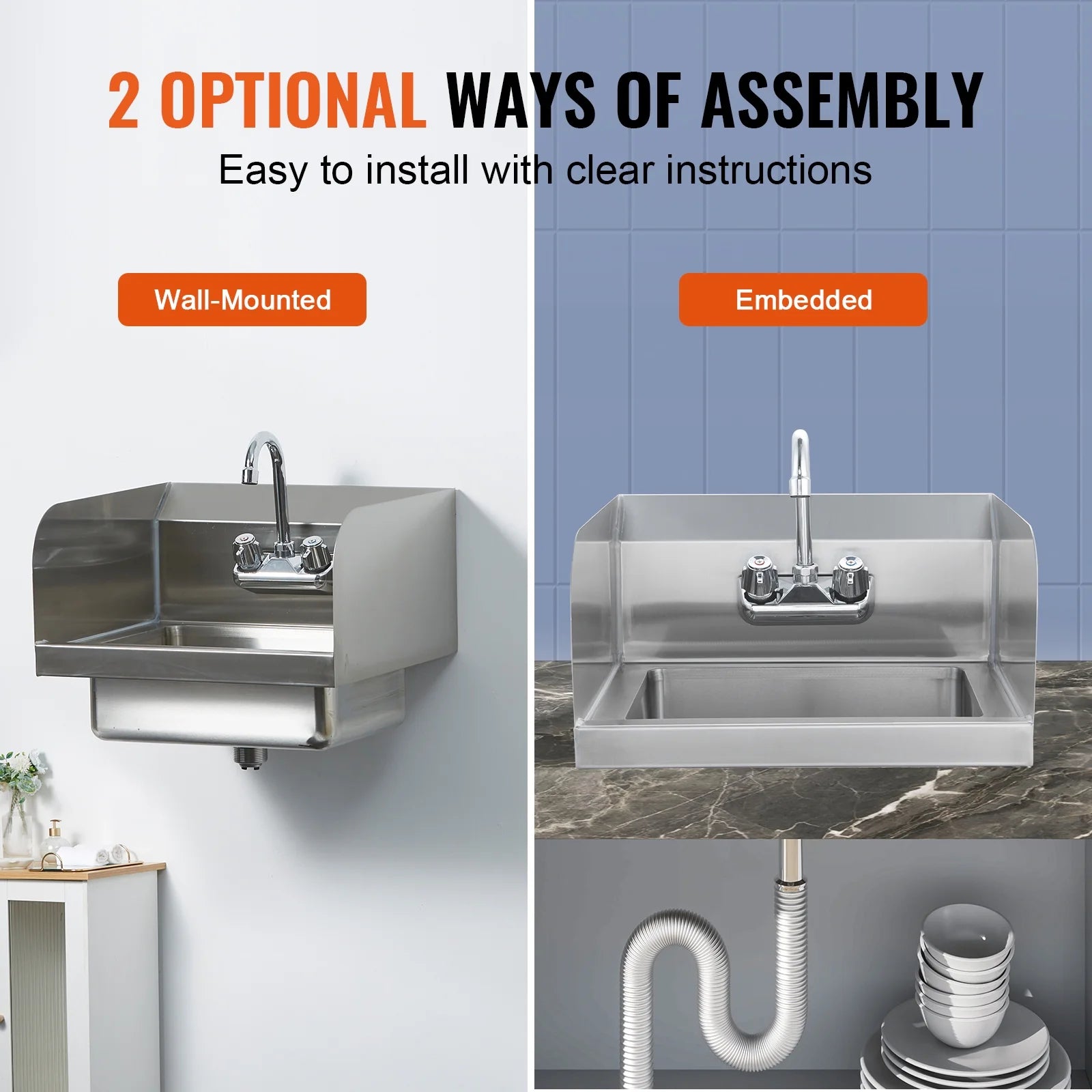 KFFKFF Industrial Hand Basin with Tap and Side Guard, Steel Basin for Cleaning, Compact Hand Cleaning Basin, Wall-Fitted Washbasin for Diner, Garage and Residence, 17x12.8 inch