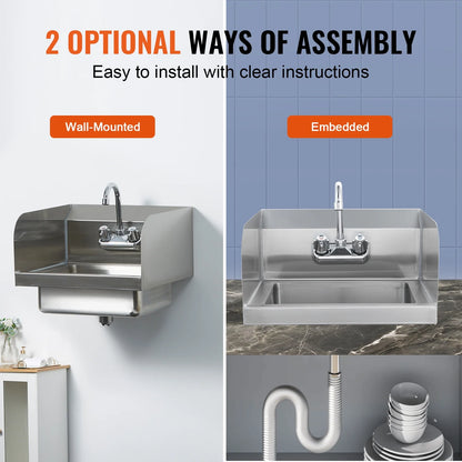 KFFKFF Industrial Hand Basin with Tap and Side Guard, Steel Basin for Cleaning, Compact Hand Cleaning Basin, Wall-Fitted Washbasin for Diner, Garage and Residence, 17x12.8 inch