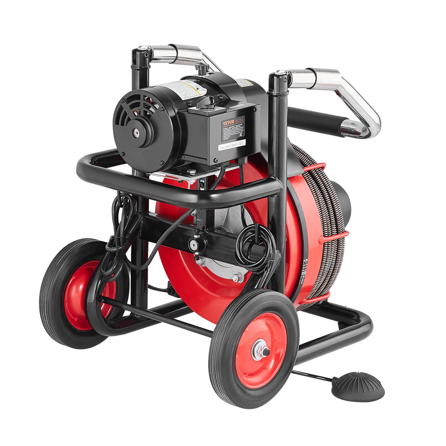 VEVOR Drain Cleaner Machine 100FT x 3/8 Inch, Auto Feed Sewer Snake Auger on Wheels, 370W Portable Drain Cleaning Machine with 8 Cutters & Air-activated Foot Switch for 2" to 4" Pipes