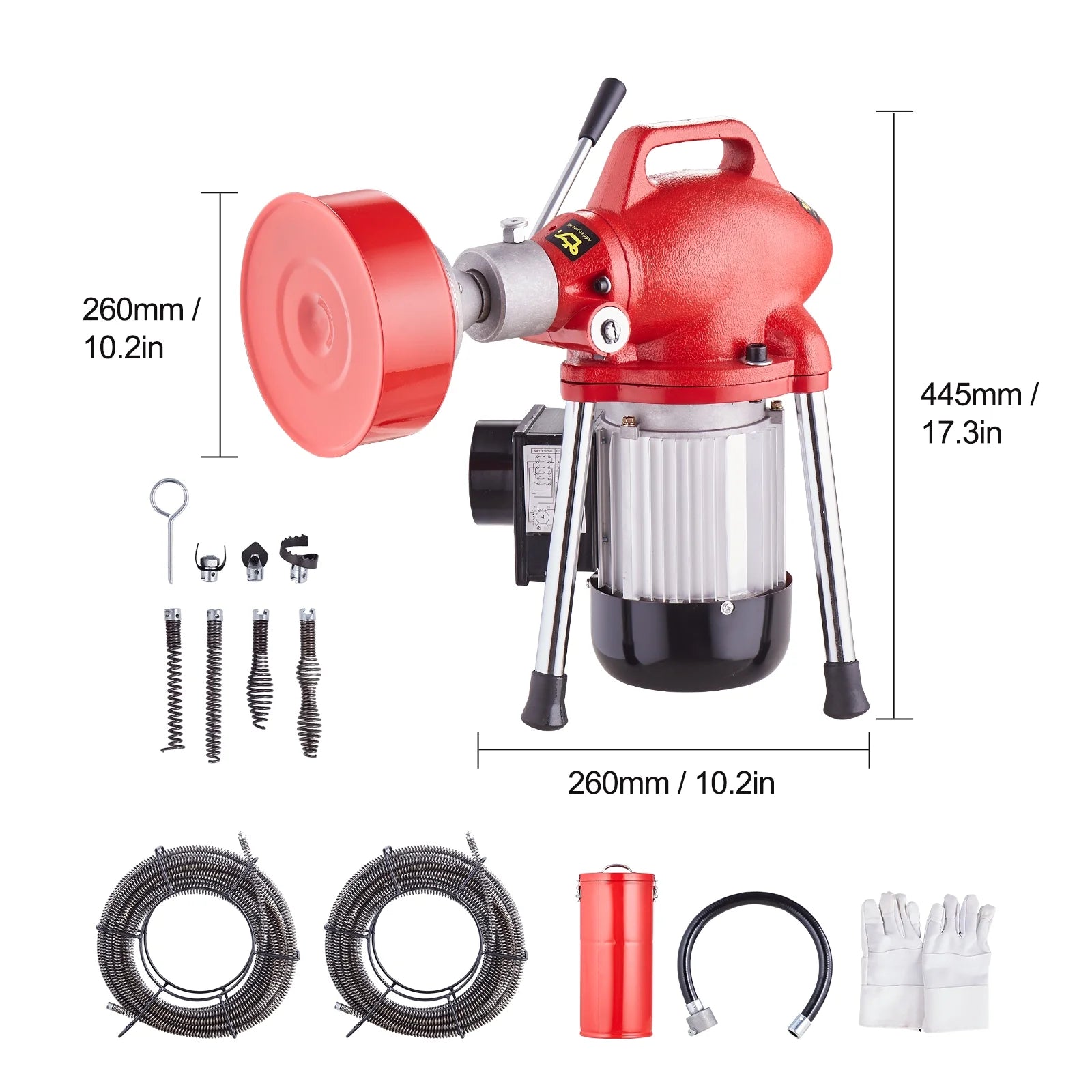 KFFKFF Electric Drain Cleaning Machine, 120FT x 5/8 Inch, 370W, Manual Operation - Includes 3 Steel Cables, 7 Cutting Heads, and Reversible Control for Pipes 1.6" to 4"