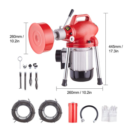 KFFKFF Electric Drain Cleaning Machine, 120FT x 5/8 Inch, 370W, Manual Operation - Includes 3 Steel Cables, 7 Cutting Heads, and Reversible Control for Pipes 1.6" to 4"