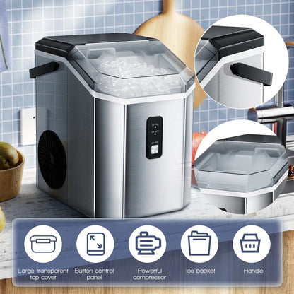 LHRIVER Nugget Countertop Ice Maker with Soft Chewable Ice, 35Lbs/24H, Self-Cleaning, Ice Scoop,Stainless Steel Silver