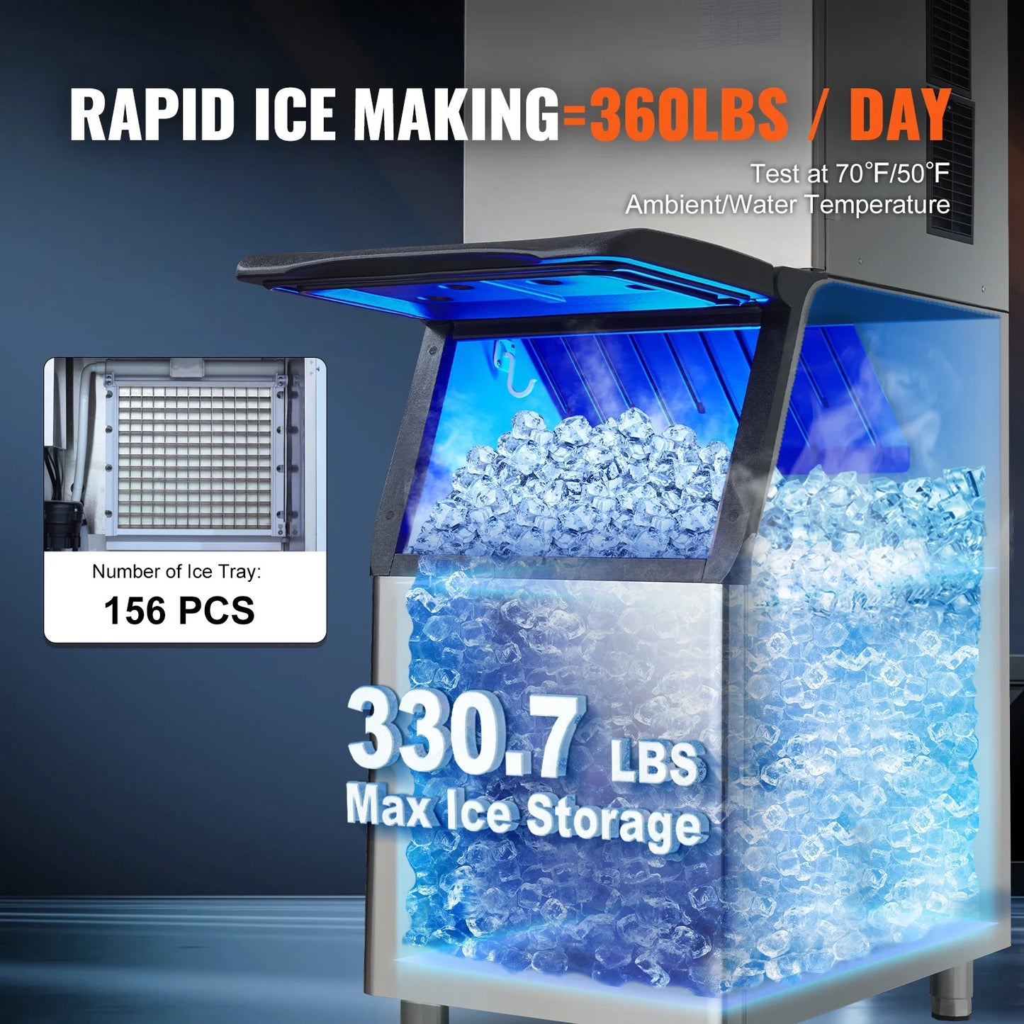 BENTISM Commercial Ice Maker 360LBS/24H & 330.7LBS Storage Bin Auto Self-Cleaning