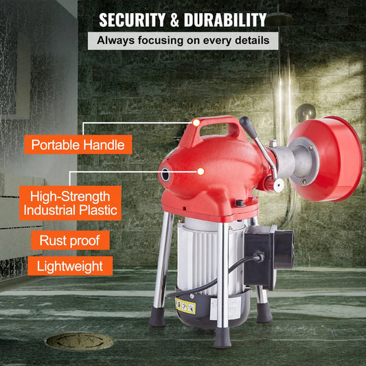 KFFKFF Electric Drain Cleaning Machine, 120FT x 5/8 Inch, 370W, Manual Operation - Includes 3 Steel Cables, 7 Cutting Heads, and Reversible Control for Pipes 1.6" to 4"