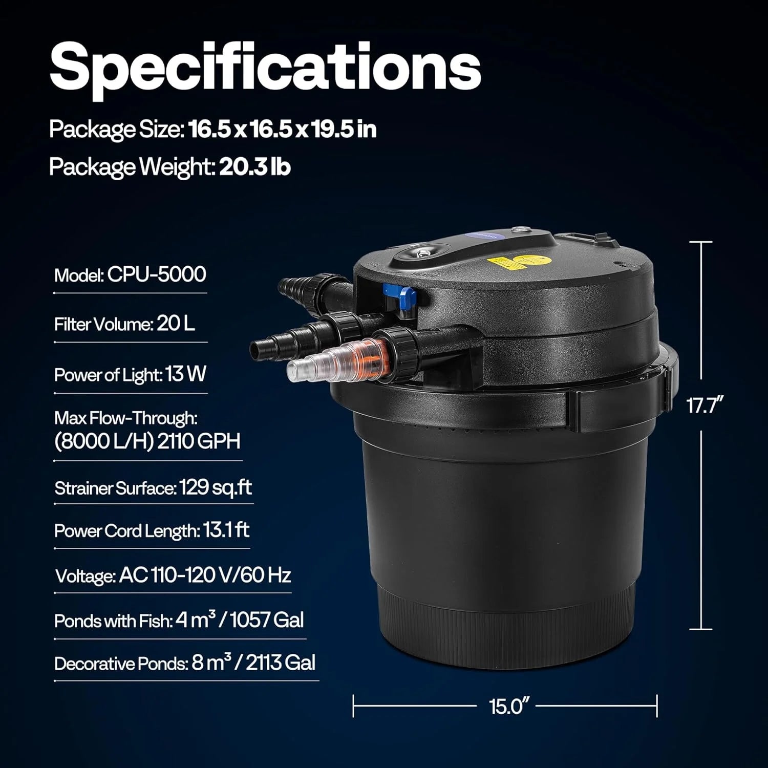 SPECSTAR 2110GPH Auto-Cleaning Pressurized Bio Pond Filter with 13W Light, Timer, Multi-Size Adapters for Koi Ponds up to 1057 Gallons or Ornamental Ponds up to 2113 Gallons