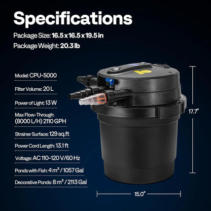 SPECSTAR 2110GPH Auto-Cleaning Pressurized Bio Pond Filter with 13W Light, Timer, Multi-Size Adapters for Koi Ponds up to 1057 Gallons or Ornamental Ponds up to 2113 Gallons