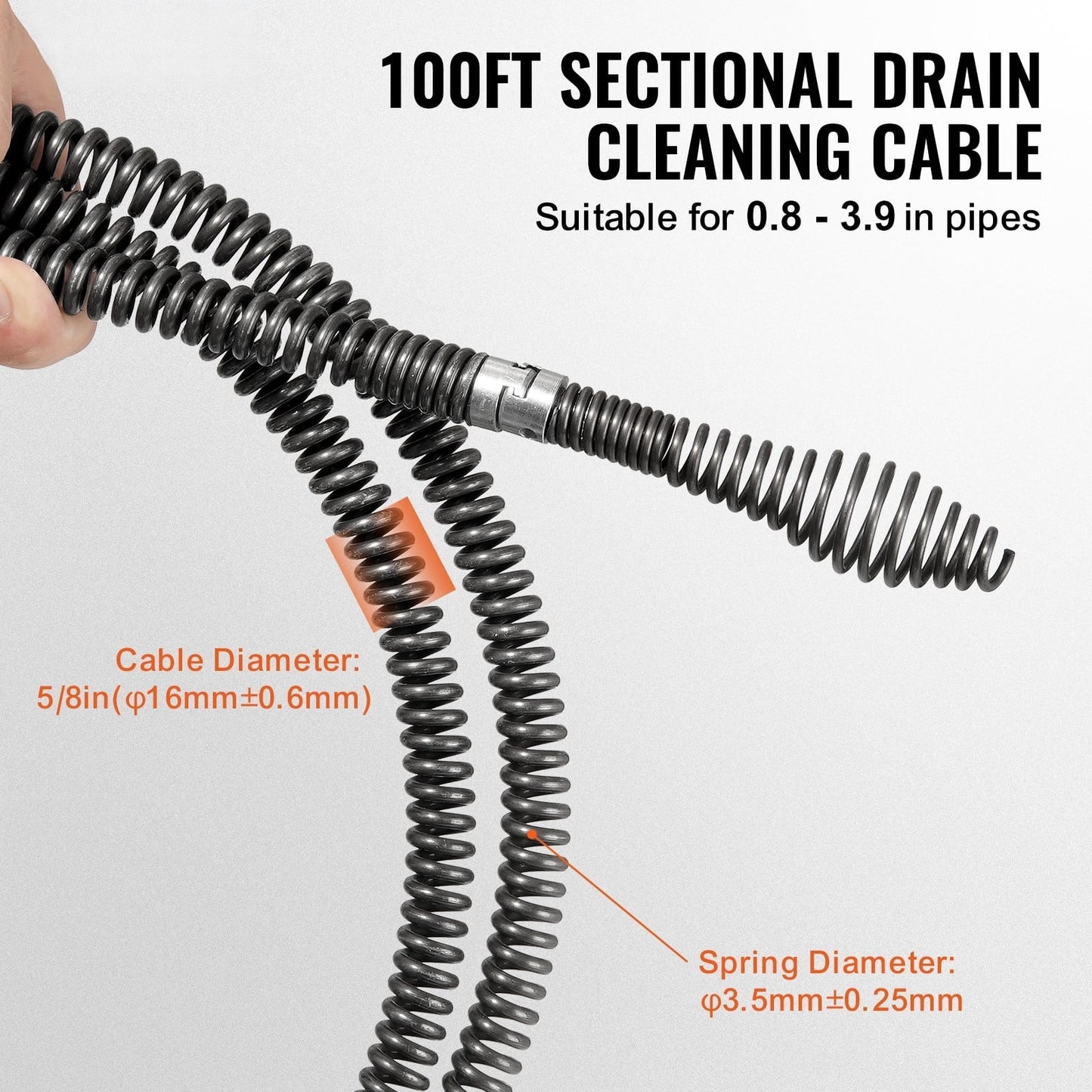 KFFKFF 100FTx5/8In & 7 Cutouts Drain Cleaning Cable for 0.8"-3.9" Pipes