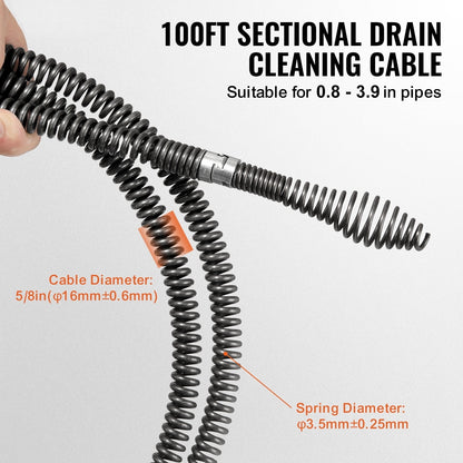 KFFKFF 100FTx5/8In & 7 Cutouts Drain Cleaning Cable for 0.8"-3.9" Pipes