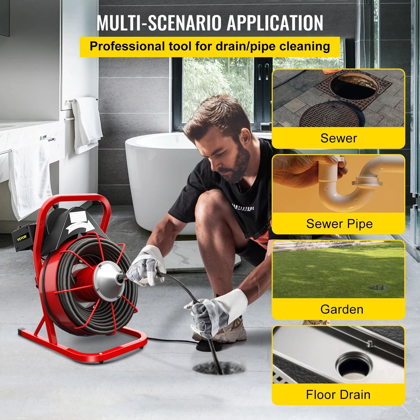 VEVORbrand Drain Cleaning Machine 75ft x 3/8 in Drain Cleaner Machines 250W Electric Drain Auger for 1" to 4" Pipes Electric Drain Snake Sewer Snake Drill w/ Cutters & Glove