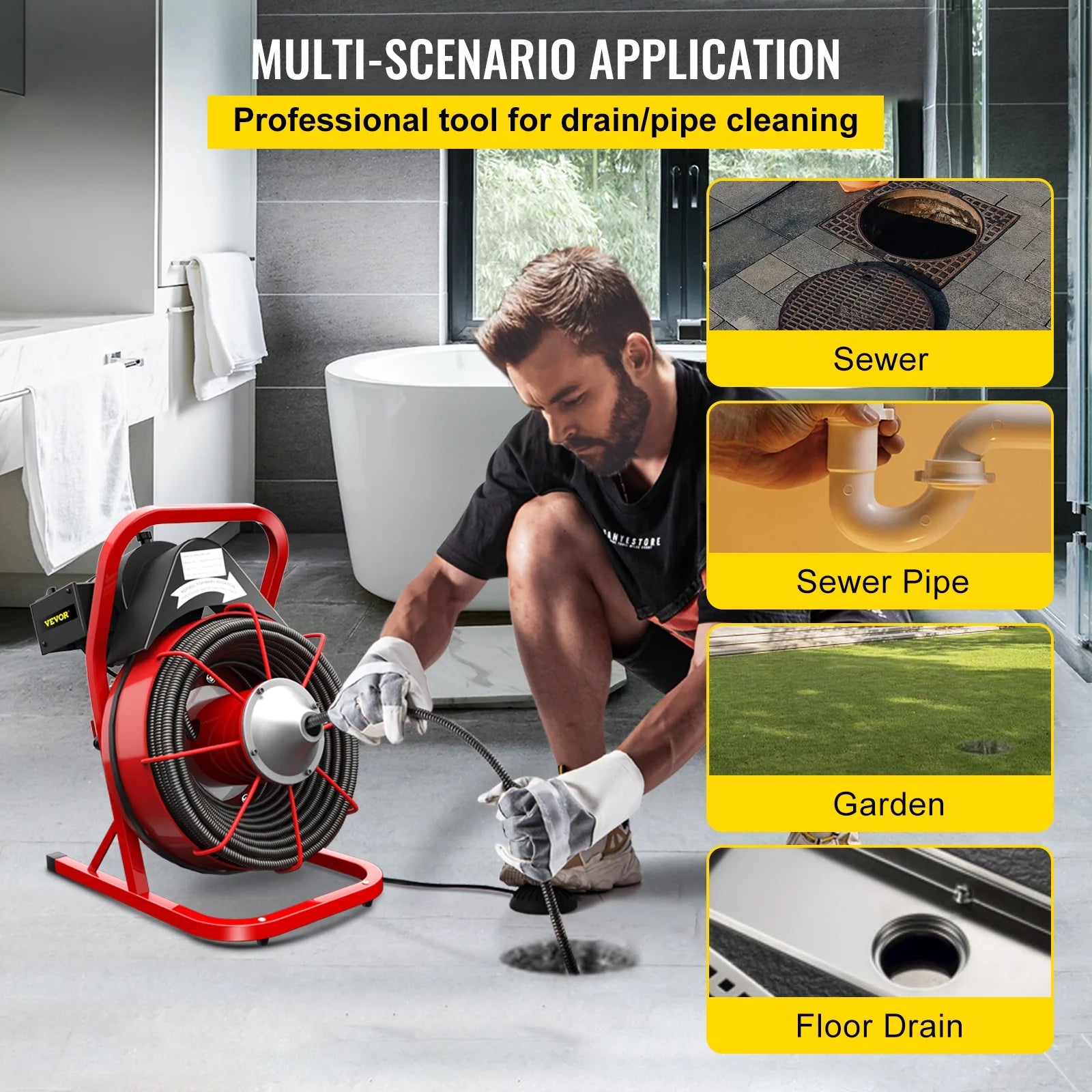 VEVORbrand Drain Cleaning Machine 75ft x 3/8 in Drain Cleaner Machines 250W Electric Drain Auger for 1" to 4" Pipes Electric Drain Snake Sewer Snake Drill w/ Cutters & Glove