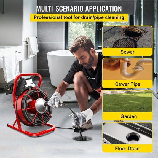 VEVORbrand Drain Cleaning Machine 75ft x 3/8 in Drain Cleaner Machines 250W Electric Drain Auger for 1" to 4" Pipes Electric Drain Snake Sewer Snake Drill w/ Cutters & Glove