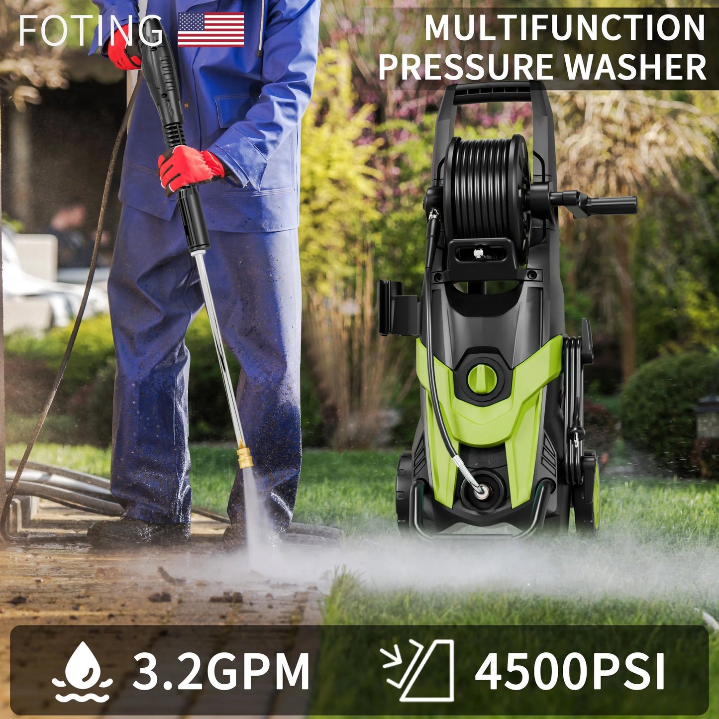 FOTING Electric Pressure Washer, 4500 PSI 3.2 GPM Power Washer with 4 Quick Connect Nozzles, High Pressure Cleaning Machine with Foam Cannon for Cars/Fences/Driveways/Patios/Home Cleaning