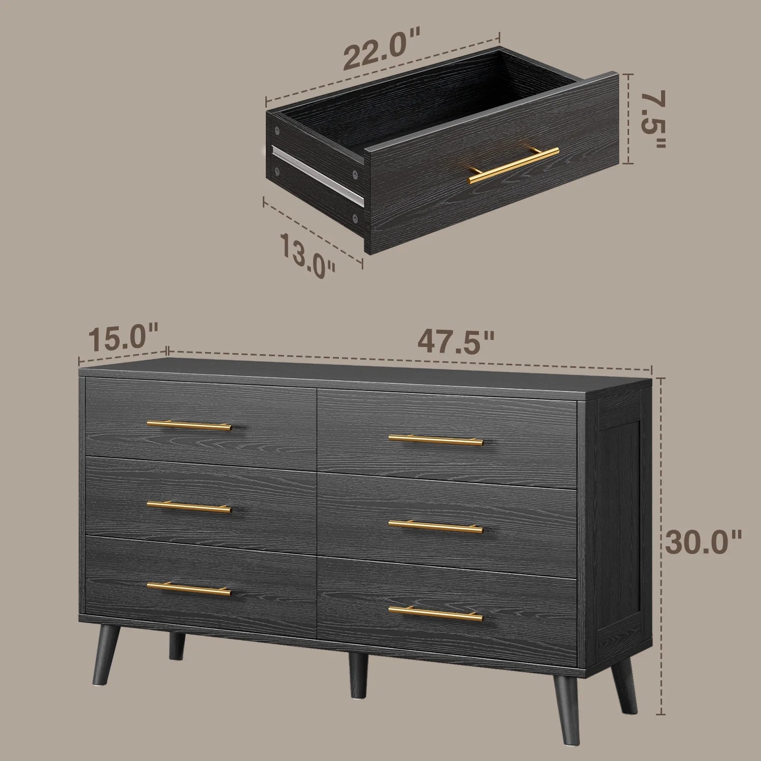 Bedroom Set - Includes Full Size Bed Frame (Dark Gray), Nightstands, 5-Drawer Dresser & Double Wide 6-Drawer Dresser - Modern Storage Solution for Stylish Home Decor, Black
