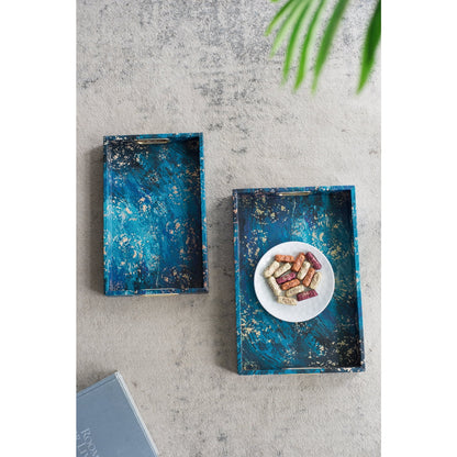 A&B Home Decorative Tray with Handles - Modern Minimalist Style Faux Leather Set of 2 Perfume Tray for Ottoman Couch Centerpiece Table D??cor, Blue