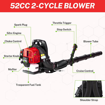 SYNGAR Gas Backpack Leaf Blower, 52CC 2-Cycle Leaf/Snow Blower with Extension Tube, for Dust Cleaning, Snow Blowing, Backyard, Garden, Work Around the House, Not for Sale in California, D5480
