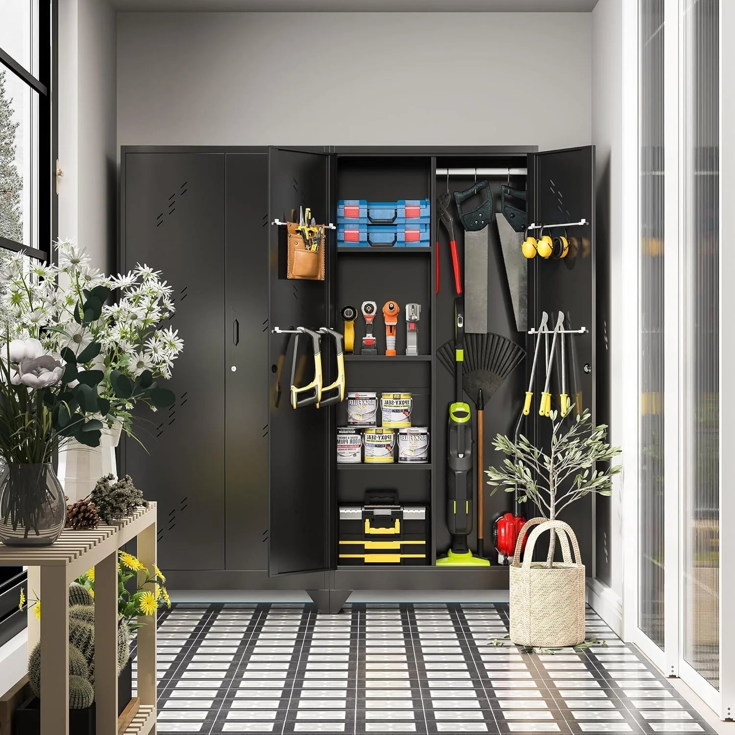 Metal Storage Cabinet with Locking Doors & Shelves, Outdoor Storage, Heavy Duty Cleaning Tool Organizer for Garage, Office, Warehouse