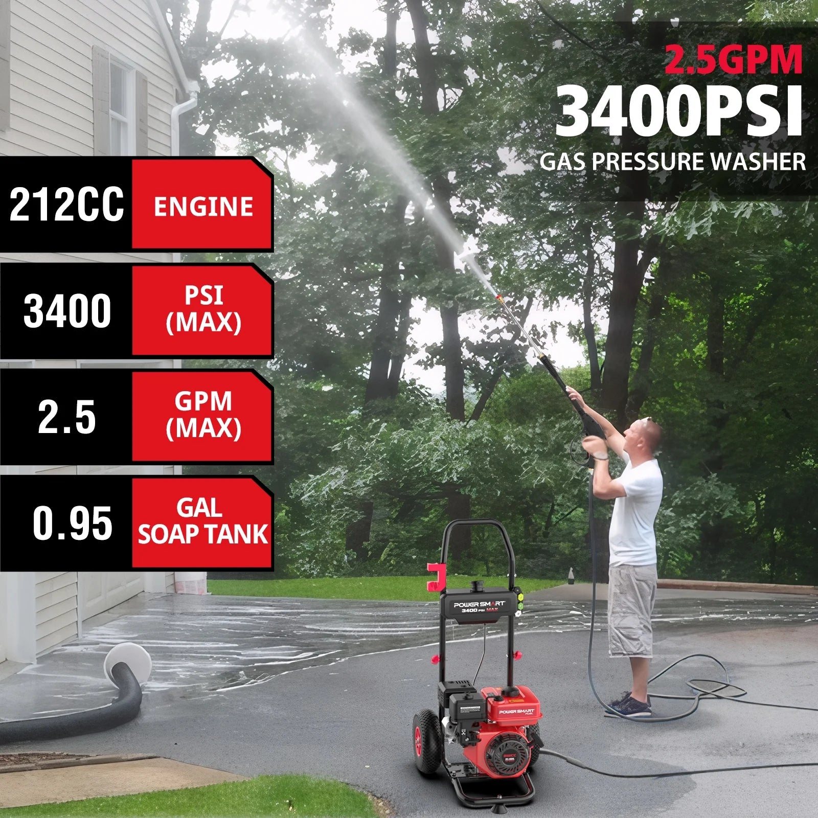 PowerSmart Gas Pressure Washer, 212cc, 3400PSI, 2.5GPM, 10-inch Wheel, for Cars/ Fences Cleaning