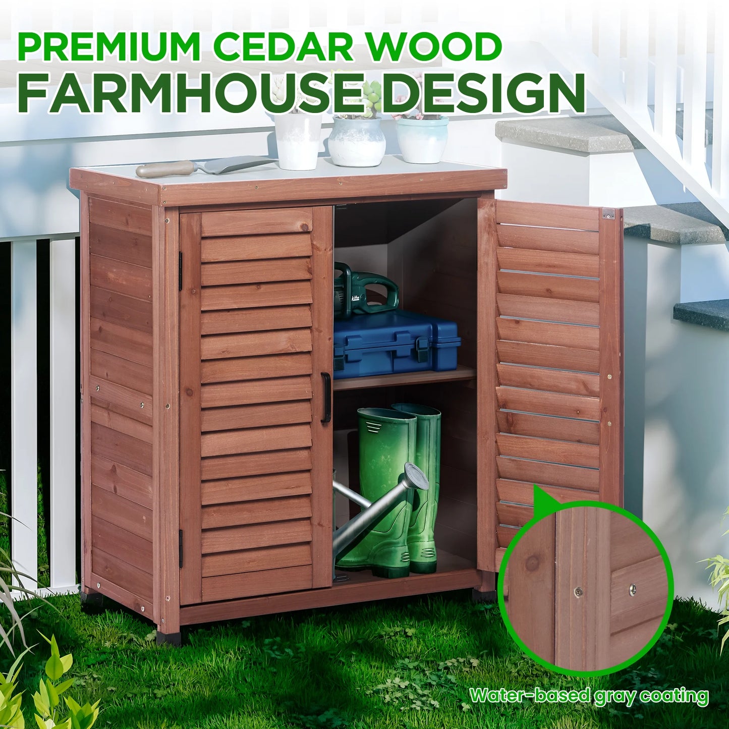 LDB_BUILDING 31.5in. W x 36in. H Outdoor Storage Cabinet & Potting Bench Table with Metal Top, Wooden Patio Furniture, Garden Workstation