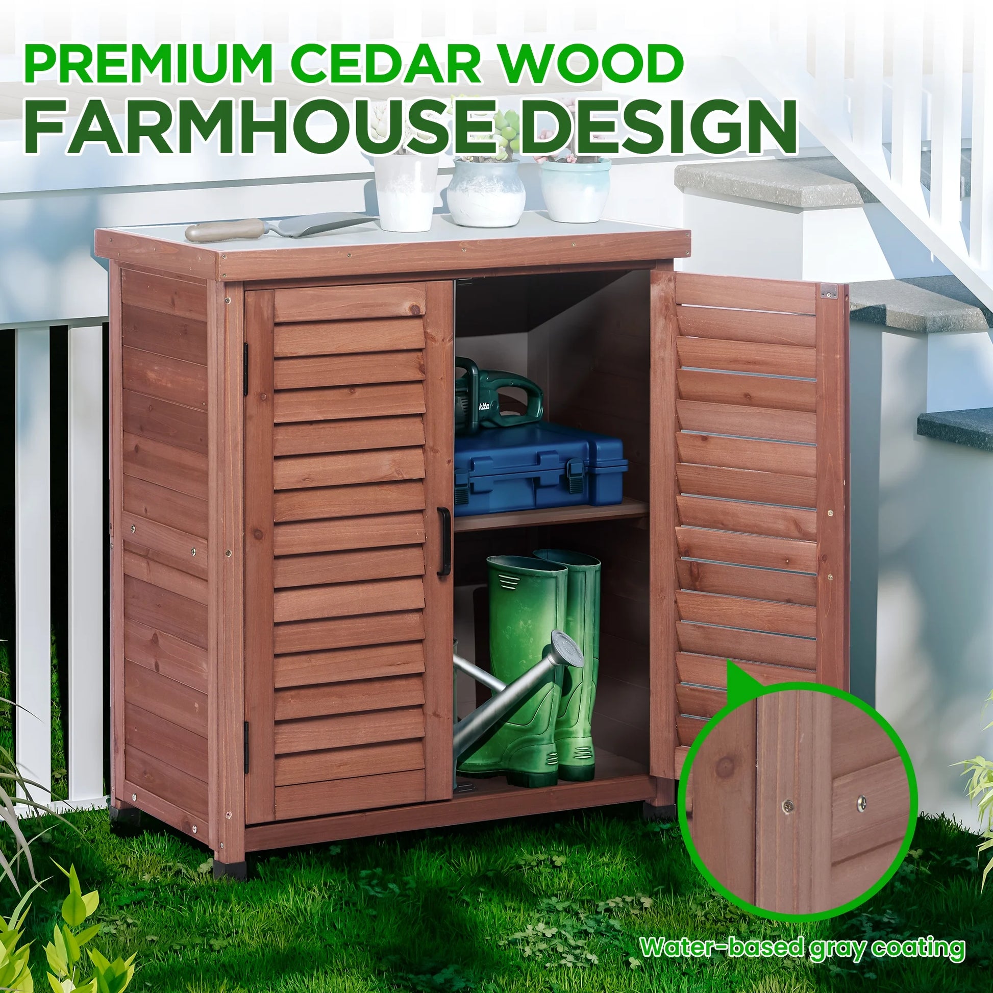 LDB_BUILDING 31.5in. W x 36in. H Outdoor Storage Cabinet & Potting Bench Table with Metal Top, Wooden Patio Furniture, Garden Workstation