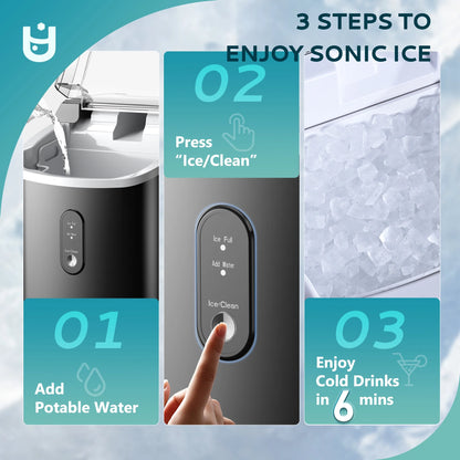 EUHOMY Nugget Ice Maker Countertop with Handle, Ready in 6 Mins, 34.5 lbs Per Day, Removable Top Cover, Auto-Cleaning, Black