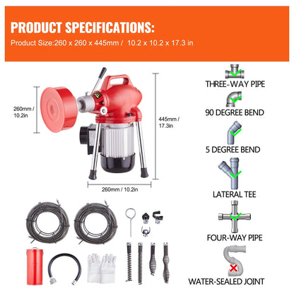 KFFKFF Electric Drain Cleaning Machine, 120FT x 5/8 Inch, 370W, Manual Operation - Includes 3 Steel Cables, 7 Cutting Heads, and Reversible Control for Pipes 1.6" to 4"