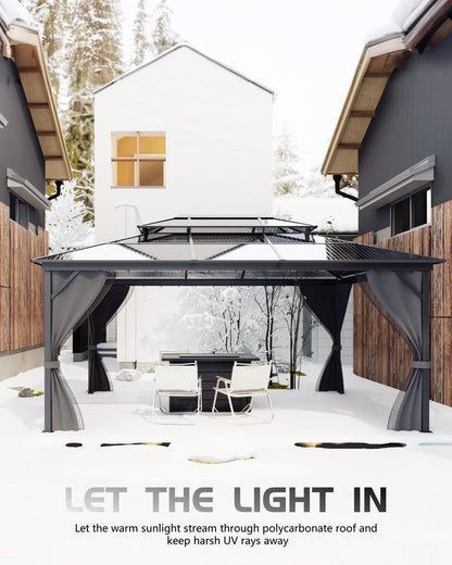 TROPOW Gazebos for Gardens,All Seasons Gazebos,Hardtop Gazebo 10'x13' for All Weather, Double Polycarbonate Sheets Roof, Aluminum Alloy Frame, Net, and Curtain, Permanent Building for Patio,Gray