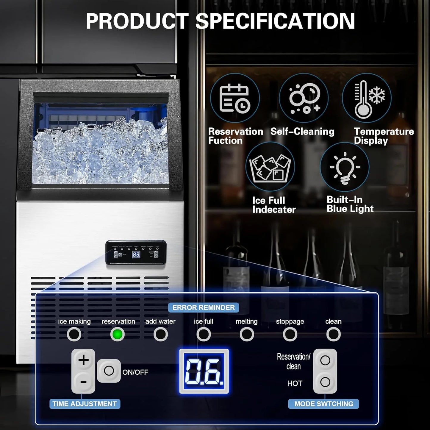 Commercial Ice Maker Machine 120LBS/24H Ice Maker, Stainless Steel Freestanding Ice Machine with 33LBS Storage Capacity, Self-Cleaning, 2 Water Inlet Modes,Ideal for Restaurant,Home,Bar