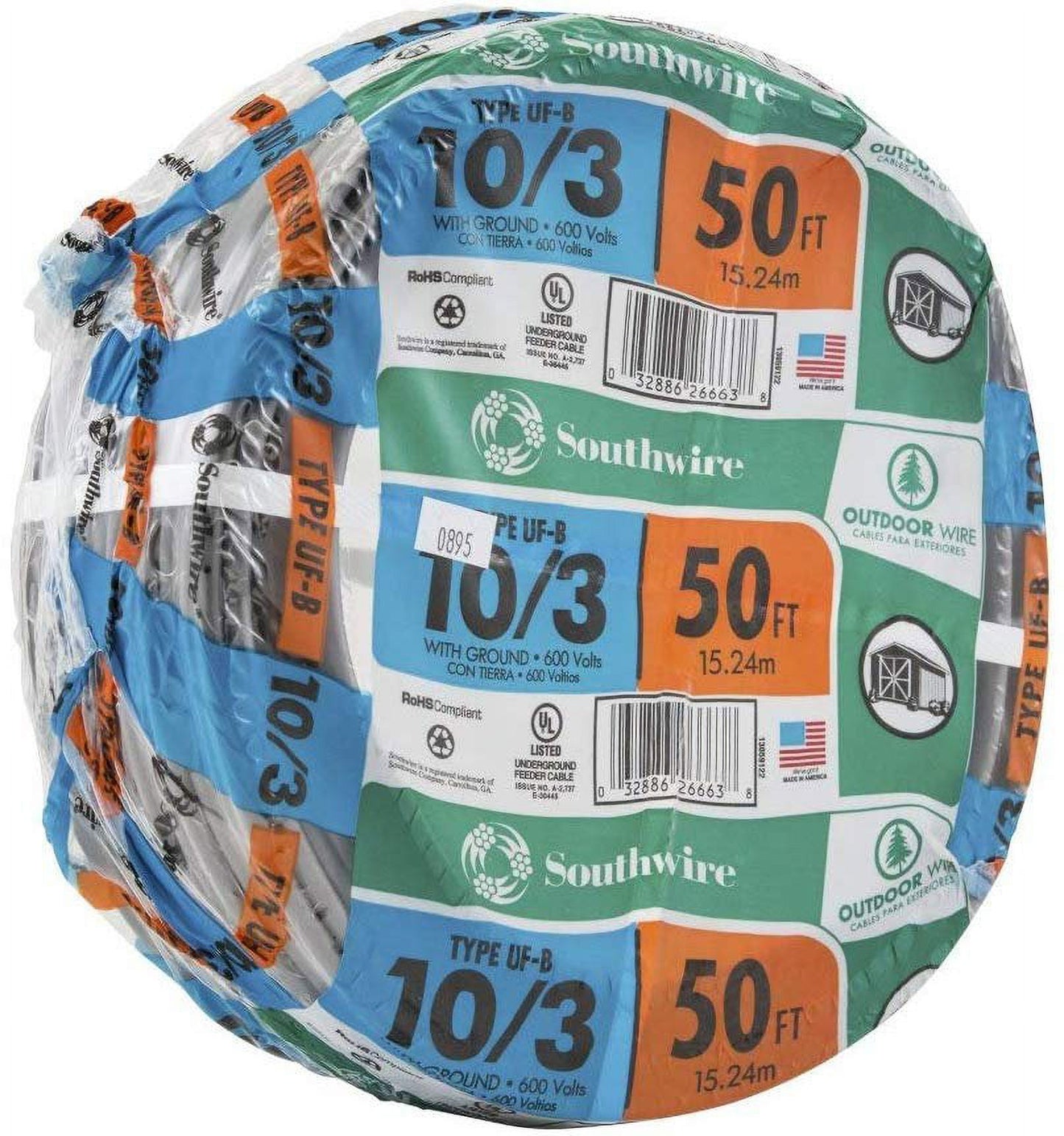 Southwire 13059122 Romex SIMpull 10/3Uf-Wgx50 Type Uf-B Building Wire, 10/3, 50 Ft, Pvc, Feet
