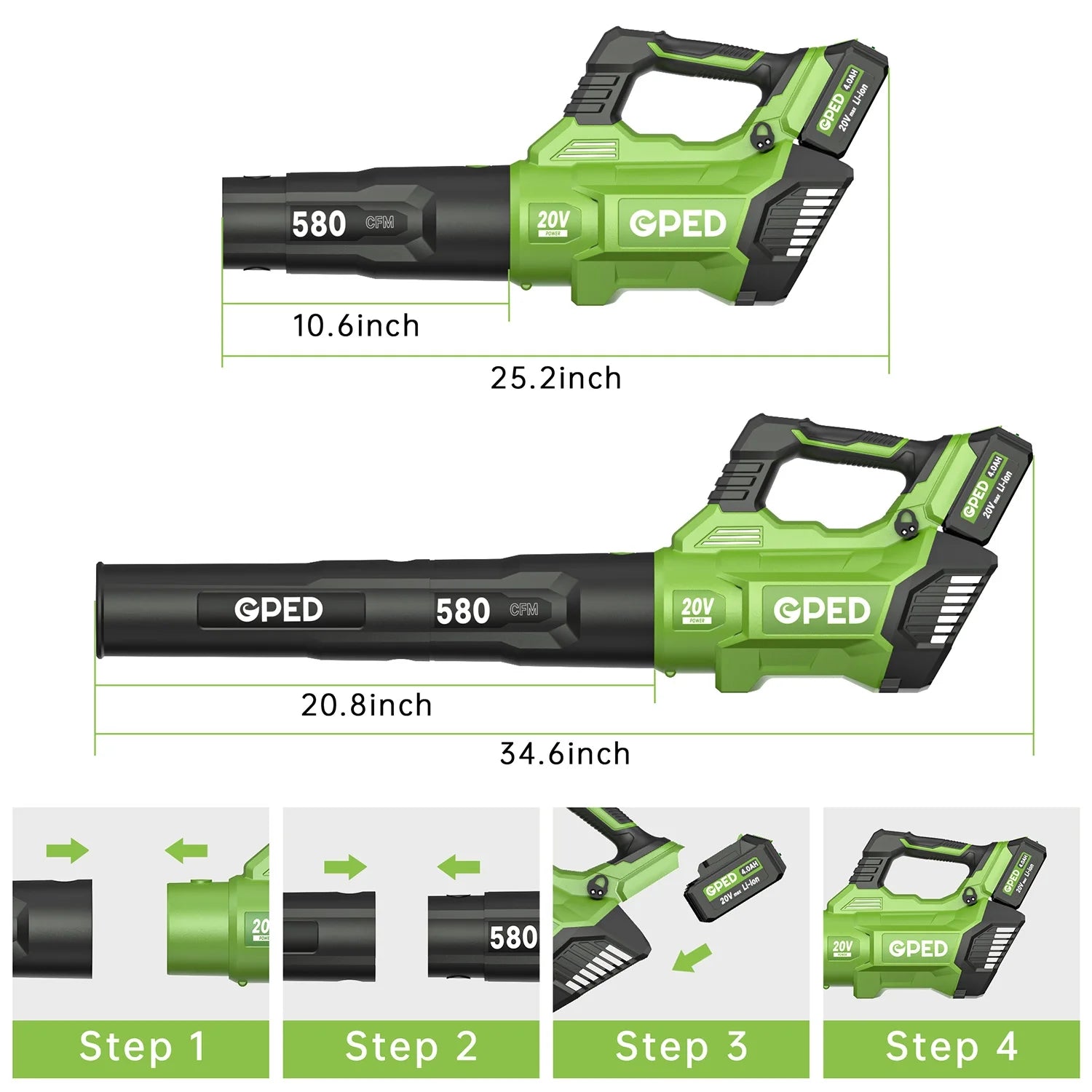 GPED Leaf Blower, 3 Speed Adjustment Electric Cordless Leaf Blower with 2 x 4.0Ah Batteries, Charger, Shoulder Strap, 580CFM/160MPH, Ideal for Patio Cleaning, Lawn Care, Blowing Leaves, Green