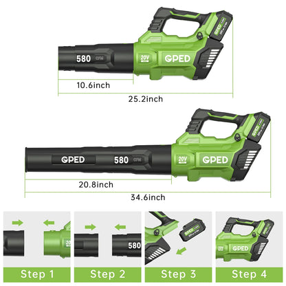 GPED Leaf Blower, 3 Speed Adjustment Electric Cordless Leaf Blower with 2 x 4.0Ah Batteries, Charger, Shoulder Strap, 580CFM/160MPH, Ideal for Patio Cleaning, Lawn Care, Blowing Leaves, Green
