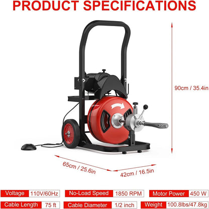 Kselythan 75 FTx1/2 Inch Drain Cleaning Machine, Auto Feed Sewer Snake Drill with Wheels, Pipe Spiral Cleaner with 4 Cutters and Pneumatic Foot Switch, for 2" to 4" Pipes
