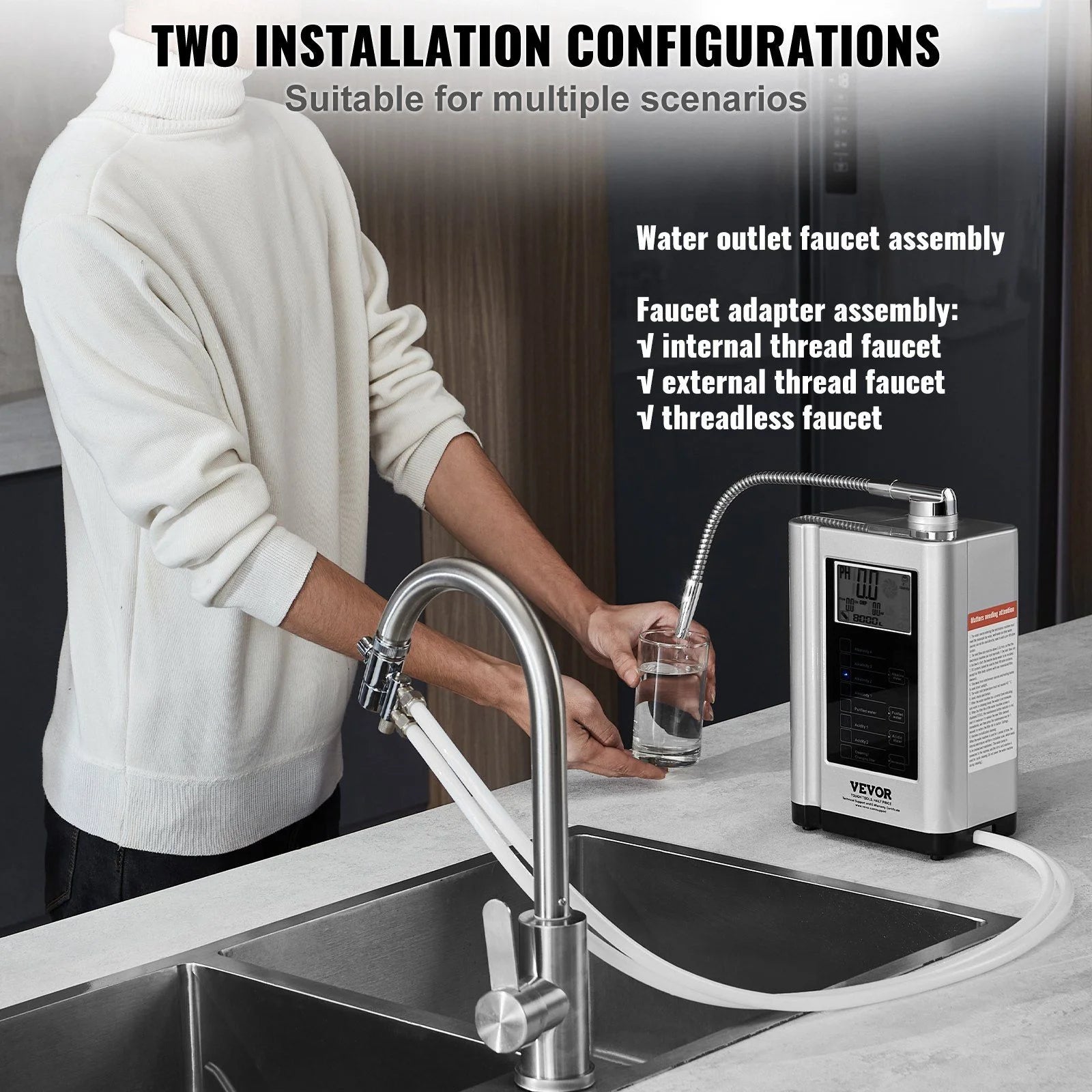 Alkaline Water Ionizer Machine, pH 3.5-10.5, Hydrogen Water Purifier, 7 Settings, -550mV ORP, 8000L Filter, Auto-Cleaning, White