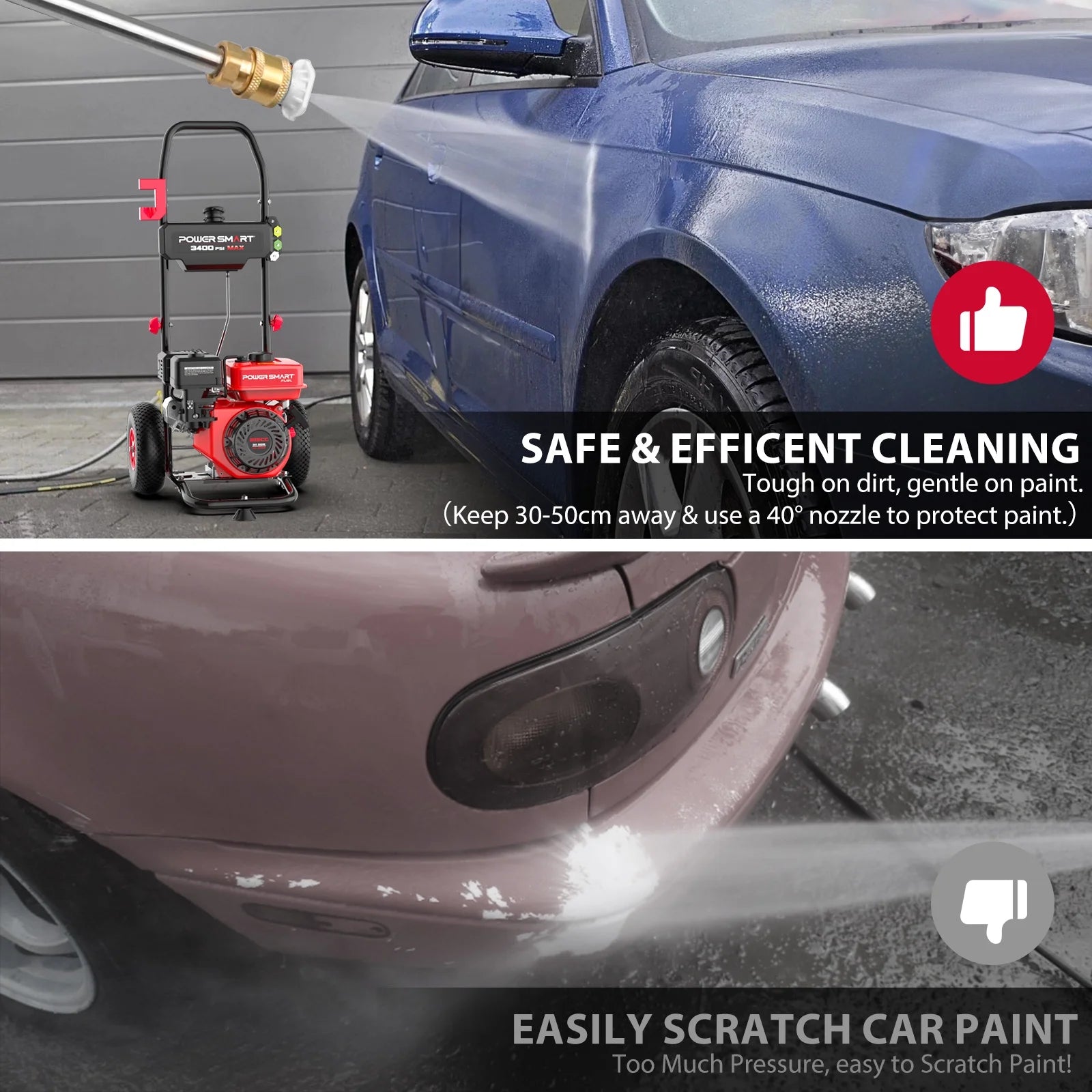 PowerSmart Gas Pressure Washer, 212cc, 3400PSI, 2.5GPM, 10-inch Wheel, for Cars/ Fences Cleaning