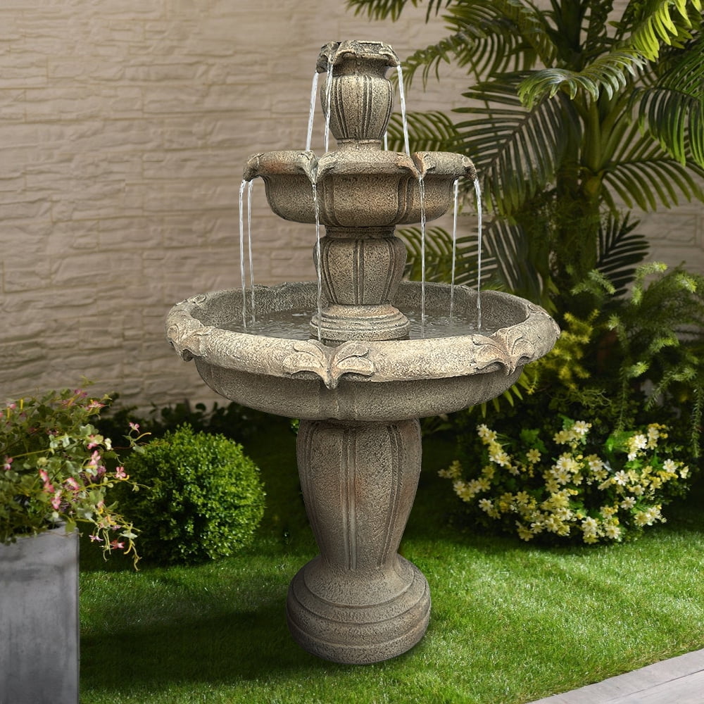 Indoor/Outdoor 3-Tiers Concrete Floor Water Fountain with Electric Pump for Patio Lawn Home Decor