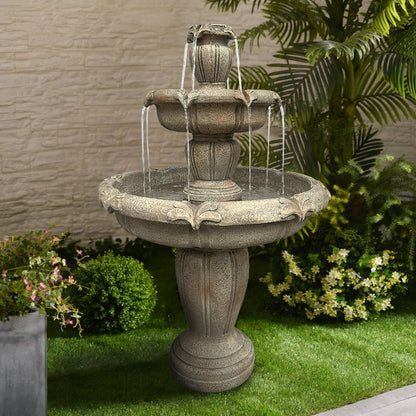 Indoor/Outdoor 3-Tiers Concrete Floor Water Fountain with Electric Pump for Patio Lawn Home Decor