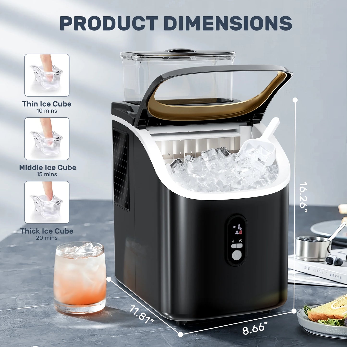 Auseo 45lbs/24H Ice Maker Countertop, 1.5+0.5L Large Water Tank, Cube Ice, Self-Cleaning, 24H Timer, Customizable Ice Making Time, Black