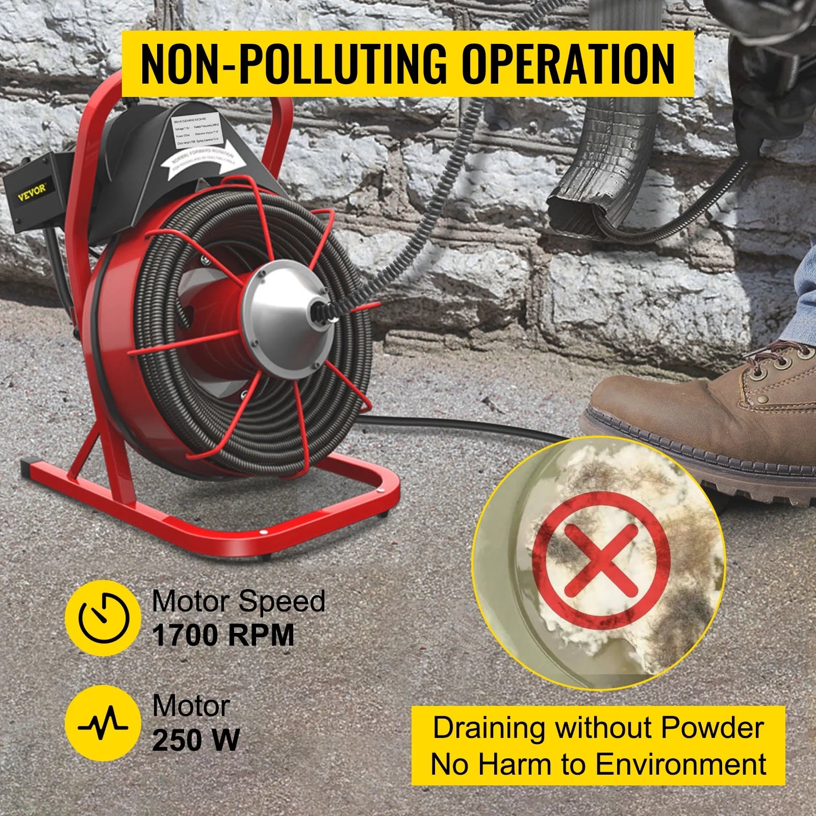 VEVORbrand Drain Cleaning Machine 75ft x 3/8 in Drain Cleaner Machines 250W Electric Drain Auger for 1" to 4" Pipes Electric Drain Snake Sewer Snake Drill w/ Cutters & Glove