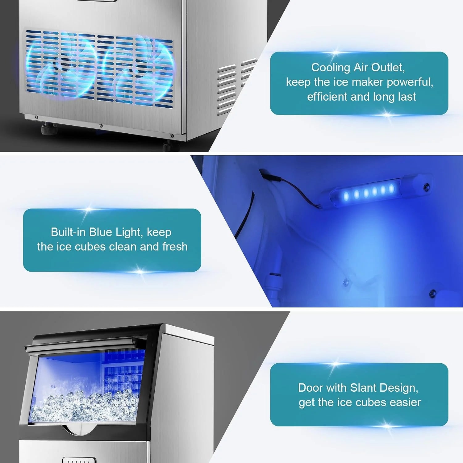 Ice Maker Machine 100lbs/24H Auto Self-Cleaning LED Digital Display Blue Light Under Counter Freestanding