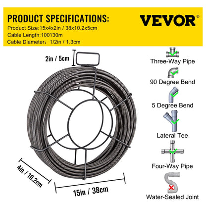 SKYSHALO Drain Cleaning Cable 100 Feet x 1/2 Inch Solid Core Cable Sewer Cable Drain Auger Cable Cleaner Snake Clog Pipe Drain Cleaning Cable Sewer Drain Auger Snake Pipe