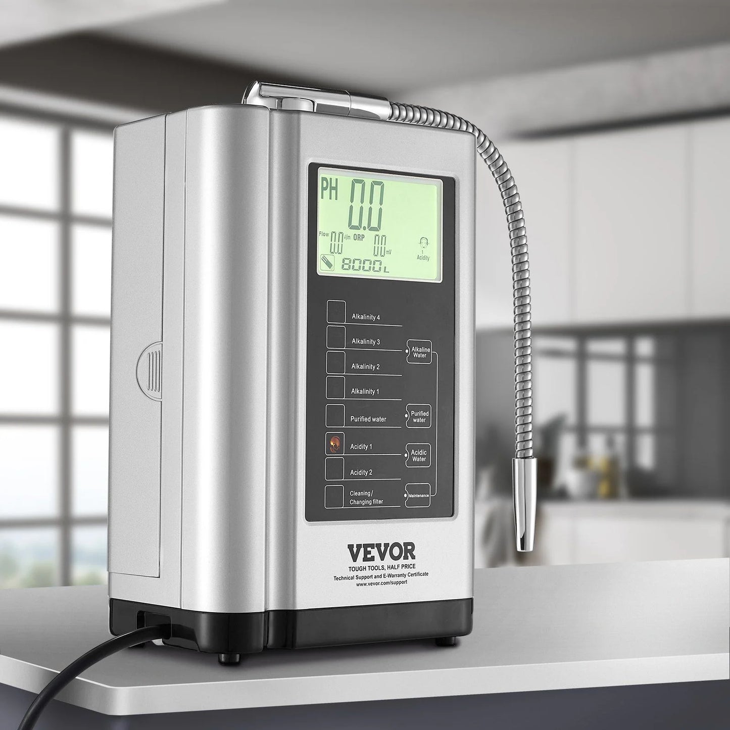 Alkaline Water Ionizer Machine, pH 3.5-10.5, Hydrogen Water Purifier, 7 Settings, -550mV ORP, 8000L Filter, Auto-Cleaning, White