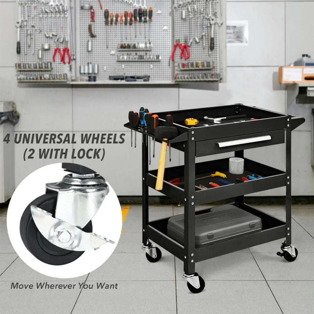 Spaco Rolling Tool Cart Mechanic Cabinet Storage ToolBox Organizer with Drawer-Black, Utility Cart on Wheels for Warehouse Garage Cleaning Office