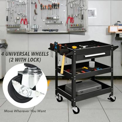 Spaco Rolling Tool Cart Mechanic Cabinet Storage ToolBox Organizer with Drawer-Black, Utility Cart on Wheels for Warehouse Garage Cleaning Office