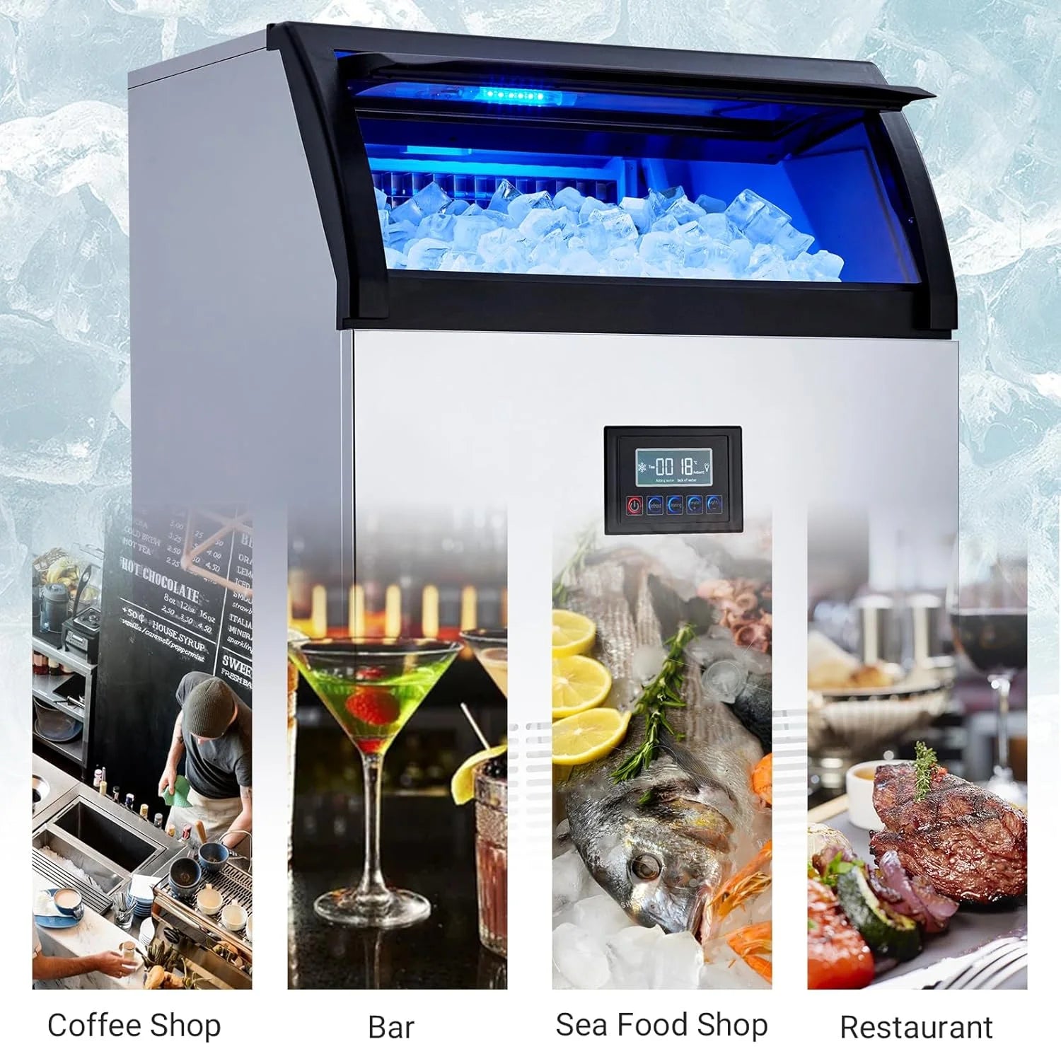 Heavy-Duty Commercial Ice Maker, 265 lbs/24H Production with 55 lbs Storage Capacity - Stainless Steel Under-Counter Ice Machine with Self-Cleaning Function and LCD Panel