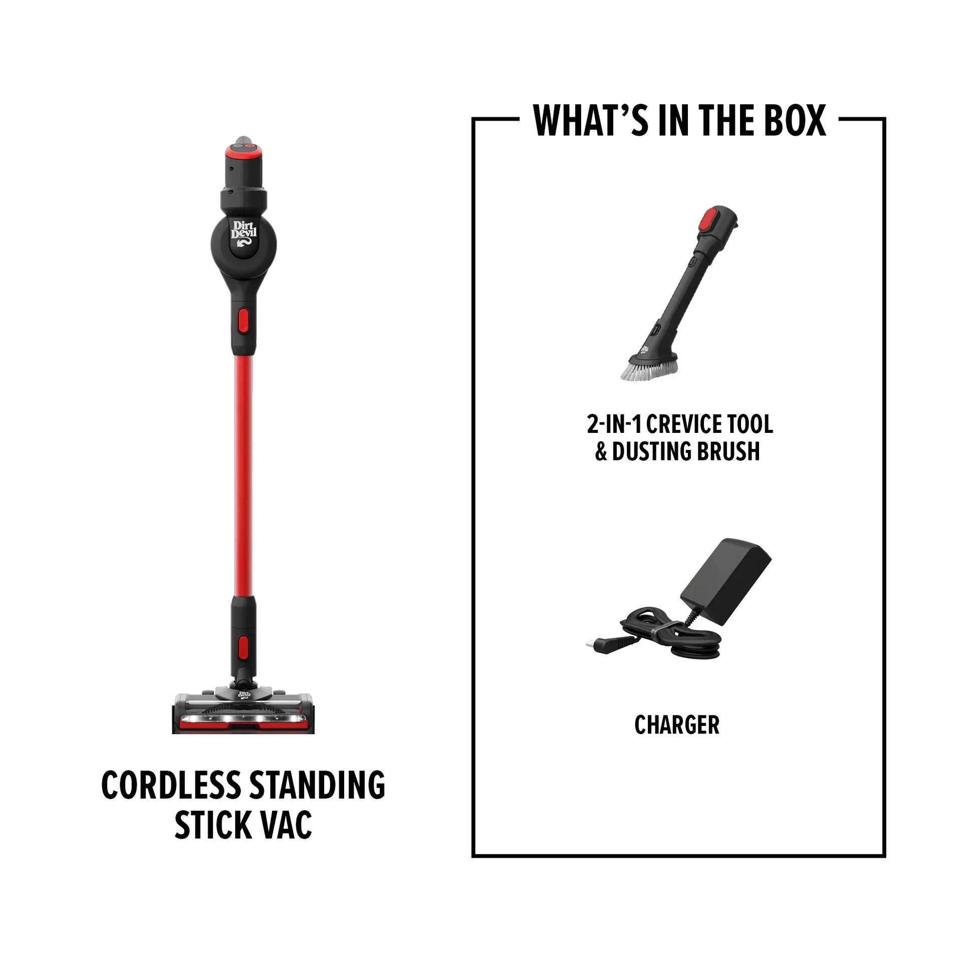 Dirt Devil Cordless Standing Stick Vacuum Cleaner, Carpet & Hard Floors, Above Floor Cleaning, LED Headlights, Lightweight, 25 Min. Run Time, for Home Use, BD57010V