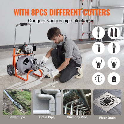 VEVOR Drain Cleaner Machine 100FT x 3/8 Inch, Auto Feed Sewer Snake Drain Auger on Wheels, Portable Drain Cleaning Machine with 8 Cutters & Air-activated Foot Switch for 2" to 4" Pipes